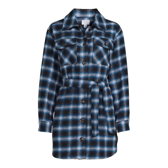 Time and Tru Plaid Belted Utility Shacket Coat - Picture 1 of 9